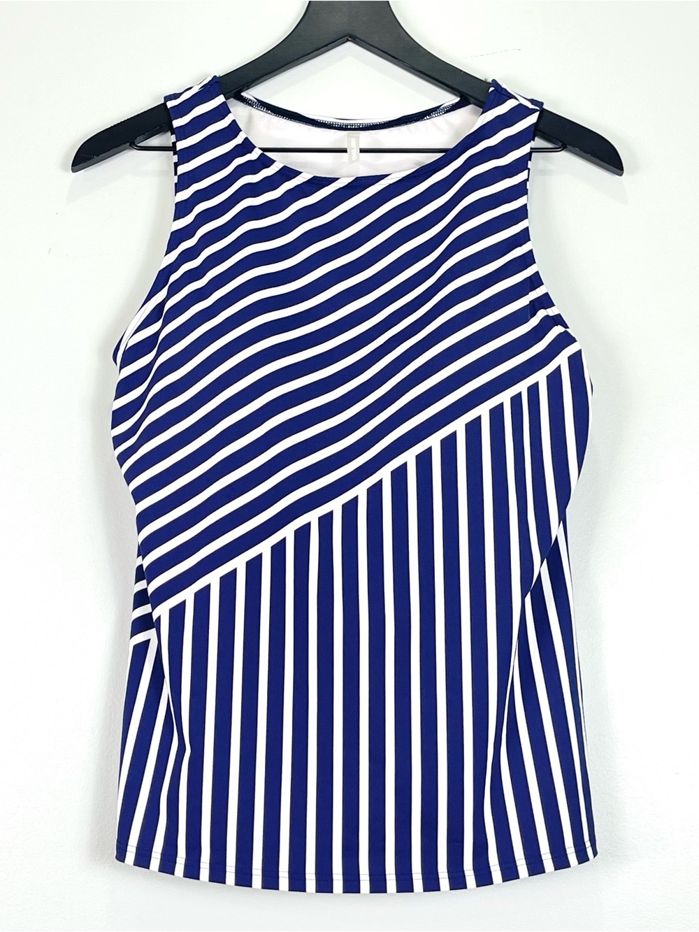 LANDS' END Women's Navy White Striped Swim Tankini Top Built-In Bra Size 12